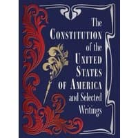 Navy hardcover book with ornate red and gold design, titled "The Constitution of the United States of America and Selected Writings."