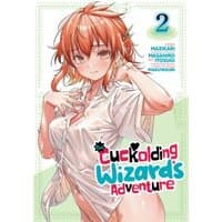 Manga book "The Cuckolding Wizard's Adventure Vol. 2" with anime-style character in white shirt, colorful title text.