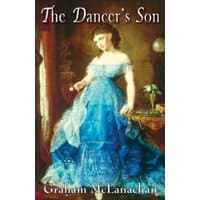 "The Dancer's Son book cover with a woman in a blue gown holding a fan, ornate background, by Andrews UK Limited"