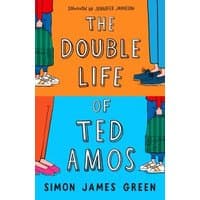 Book cover for "The Double Life of Ted Amos" with split orange and blue background, illustrated feet and legs.