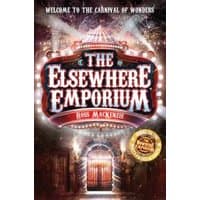 "The Elsewhere Emporium" book cover with carnival lights, tent entrance, and a golden award sticker.