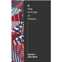 "The Future of Fraud" book, black cover with abstract red, white, and blue geometric design on the left.