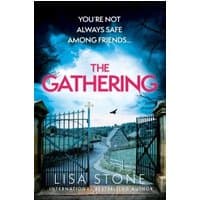 Book cover for "The Gathering" by Lisa Stone, featuring a rural gate, cloudy sky, and bold pink title text.