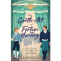 "The Gentle Art of Fortune Hunting" book with two men in Regency attire on a stage with green curtains.