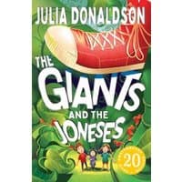 Children's book "The Giants and the Joneses" with a giant red shoe and three children on a green leafy background.