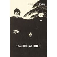 "The Good Soldier" book cover with black and white illustration of two figures and trees, Vintage Ford edition.