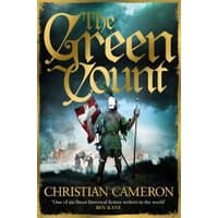 "The Green Count" book cover with armored knight holding a flag, dark sky, and castle in the background.