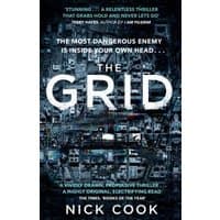Dark book cover titled "The Grid" by Nick Cook, featuring a cityscape with glowing lights and text overlay.