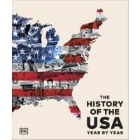"The History of the USA Year by Year" book with USA map in flag colors and historical images.