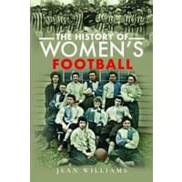 Book titled "The History of Women's Football" with vintage team photo on cover, green background, red and white text.