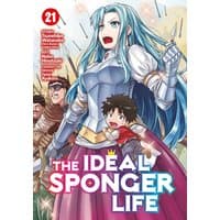 Manga cover "The Ideal Sponger Life Vol. 21" featuring armored woman with blue hair and child, vibrant fantasy background.