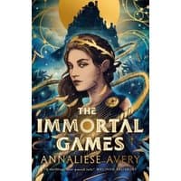 "The Immortal Games" book cover featuring a woman with braided hair, gold accents, and a celestial background.