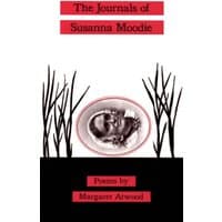 Book cover for "The Journals of Susanna Moodie" with black trees, red title banner, and oval portrait.