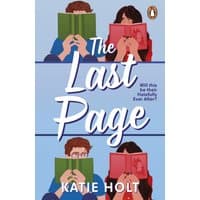 Book cover of "The Last Page" by Katie Holt, featuring two couples reading books with illustrated faces hidden.