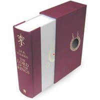 Maroon hardcover edition of "The Lord of the Rings" with embossed text and decorative slipcase.