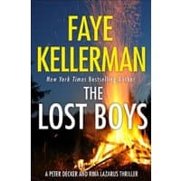 "The Lost Boys" book by Faye Kellerman, cover with fiery forest scene and bold yellow and white text.