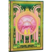 Wicked-themed hardcover journal with green, pink, and gold intricate design, featuring silhouettes and elastic band closure.