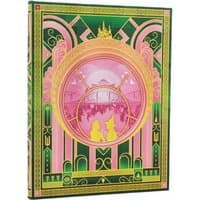 Hardcover journal with pink and green art deco design, featuring silhouettes and gold detailing, elastic band closure.