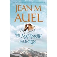 "The Mammoth Hunters" book by Jean M. Auel, cover with mammoth and snowy mountains under a blue sky.