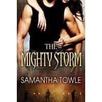 "The Mighty Storm" book cover with muscular couple embracing, band silhouette below, by Samantha Towle.