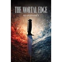 "The Mortal Edge" book with a knife on the cover, red and blue swirling background, by Austin Macauley Publishers.