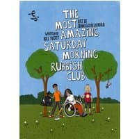 "The Most Amazing Saturday Morning Rubbish Club book cover with diverse kids and trees on a grassy field"