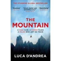 "The Mountain" book cover with jagged peaks, red title text, and a lone figure descending from a helicopter.