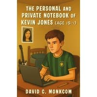 Book cover: Teen boy at desk with laptop, guitar, and photo on wall; title "The Personal and Private Notebook of Kevin Jones."