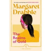 "The Realms of Gold" book by Canongate, yellow cover, illustration of woman with pink headscarf, bold title text.