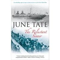 "The Reluctant Sinner" book by June Tate, cover with vintage ship and crowd in grayscale, red and black text.