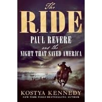 "The Ride" book cover with a rider on horseback, dark sky, and cityscape, by Kostya Kennedy.