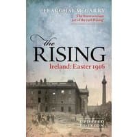 "The Rising book cover with historic photo of Dublin, title in black and red text, author Eearghal McGarry"