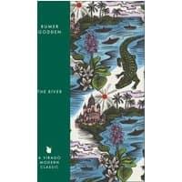 Book cover of "The River" by Rumer Godden, featuring crocodile, river scene, flowers, and a temple with a green spine.