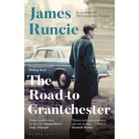 Book cover of "The Road to Grantchester" by James Runcie, featuring a man in a coat near a vintage blue car.