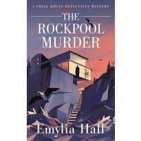 "The Rockpool Murder" book cover with modern house on cliff, seagulls, and sunset sky, by Emylia Hall, Amazon Publishing.