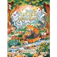 Children's book "The Secret Mountain" with illustrated red pandas, lush forest, and vibrant flowers on the cover.