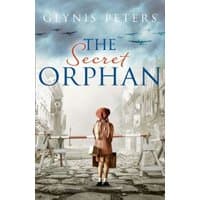 "The Secret Orphan" book cover, girl in red coat on cobblestone street, planes overhead, by HarperCollins Publishers.