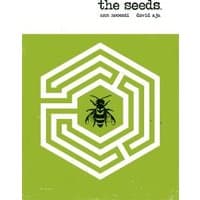 Green book cover titled "The Seeds" with a white maze design and a bee illustration in the center.