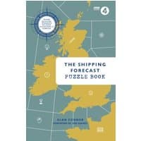 "The Shipping Forecast Puzzle Book with yellow map of UK on blue cover, compass rose, and BBC Radio 4 logo."