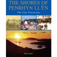 Book cover for "The Shores of Penrhyn Llyn" with historic photos and sunset over coastal landscape.