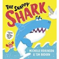 "The Snappy Shark" children's book with cartoon shark, crab, and seagull on a wave-filled cover.