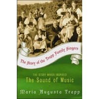 "The Story of the Trapp Family Singers" book with vintage family photo and green banner cover design.