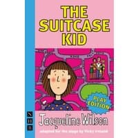 "The Suitcase Kid book with cartoon girl, pink background, and blue spine, play edition by Jacqueline Wilson"