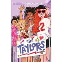"The Taylors book cover with four diverse girls in colorful outfits holding a sign, purple background"