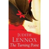 Red book cover of "The Turning Point" by Judith Lennox, featuring a woman in a hat with red flowers.