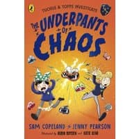 "The Underpants of Chaos" book cover, orange background, cartoon kids in blue uniforms, illustrated by Robin Boyden.