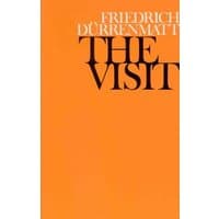 Orange book cover titled "The Visit" by Friedrich Dürrenmatt in bold black text.
