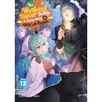 Light novel cover with fantasy characters, green-haired girl, blue-haired man holding lantern, black cat, and cave setting.