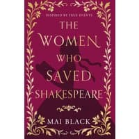 Purple book cover, "The Women Who Saved Shakespeare," gold floral border, silhouette of a woman holding a book.