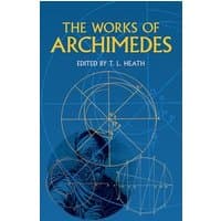 Blue paperback book "The Works of Archimedes" with geometric diagrams and yellow text, edited by T. L. Heath.